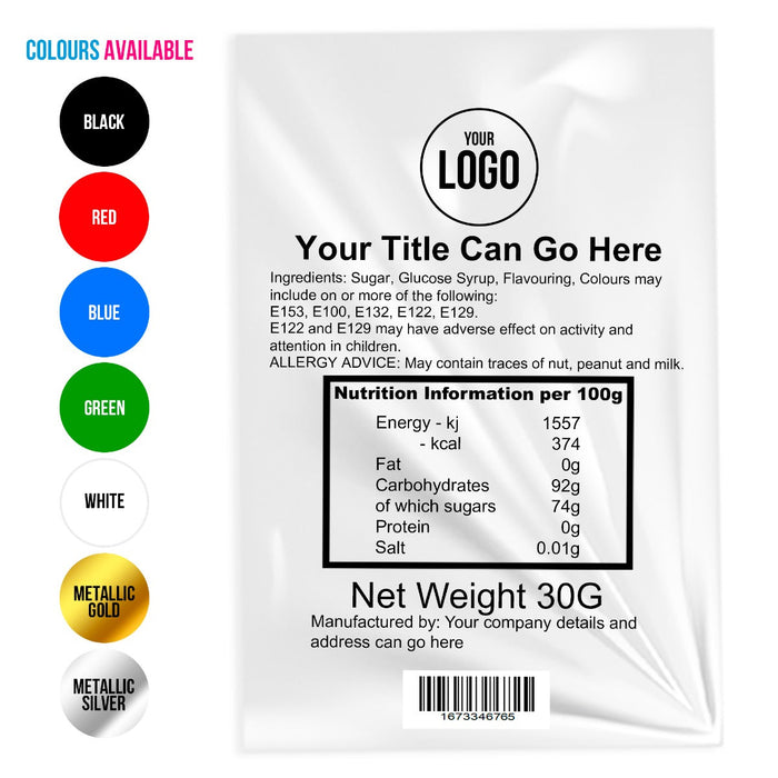 Personalised confectionery packaging bag showing front logo print design