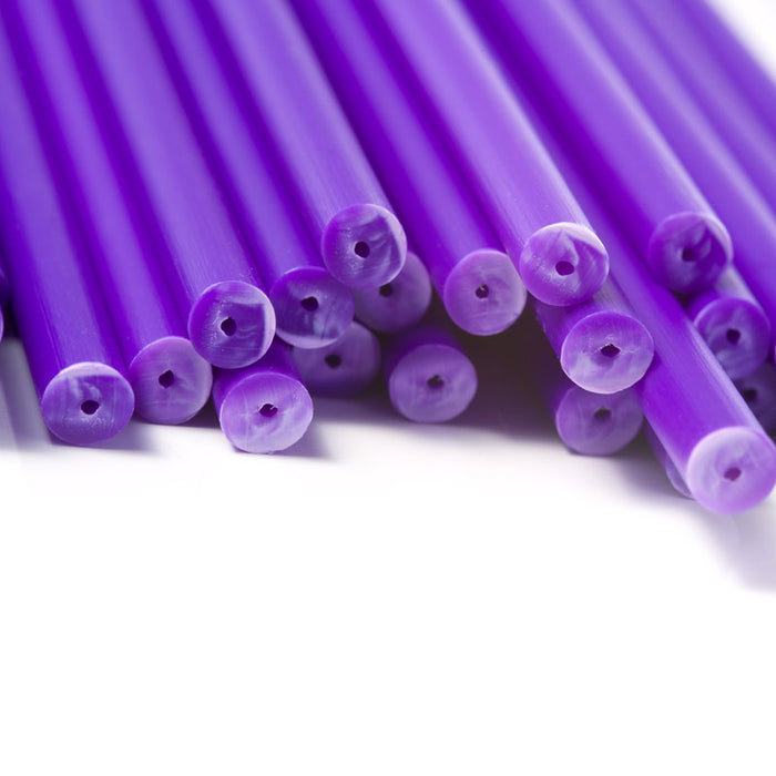 Purple plastic lollipop sticks custom bespoke size order on a white background
