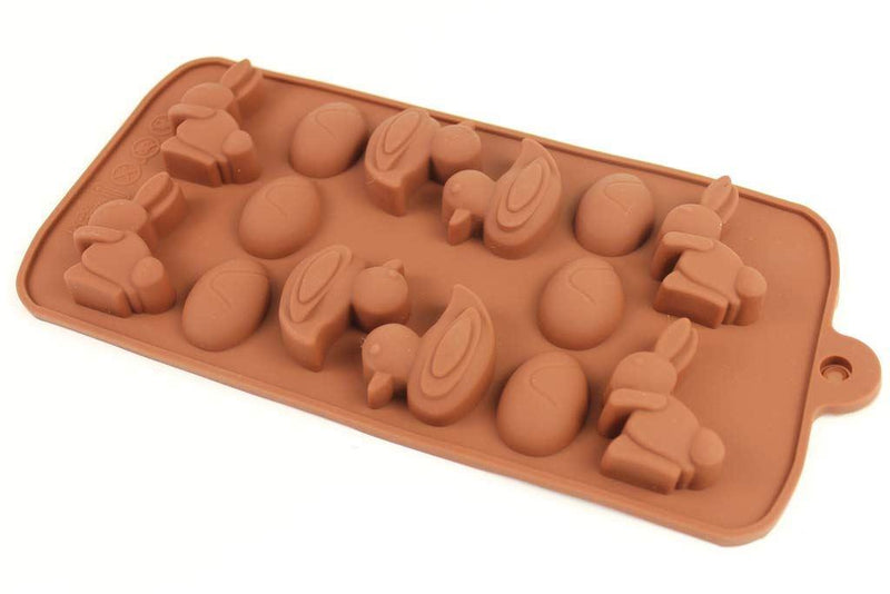 Brown 14-cavity silicone mould featuring Easter rabbits, ducks and eggs