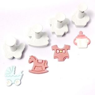 Fondant Cutter Plunger Set 4pcs Baby Shower Pram Rocking Horse Bottle