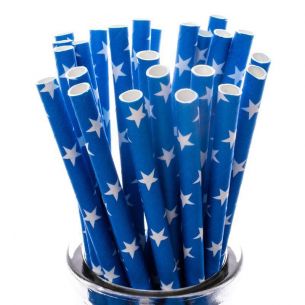 White Stars on Royal Blue Paper Straws x25 