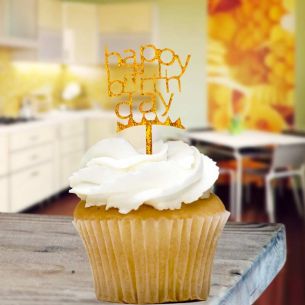 Gold Glitter Happy Birthday Cupcake Toppers x8