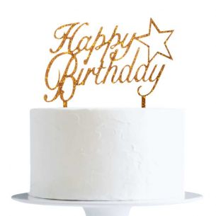 Gold Glitter Happy Birthday With Star Cake Topper x1