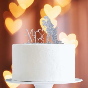 Silver Glitter Bride/Groom Mr&Mrs Heart Cake Topper x1