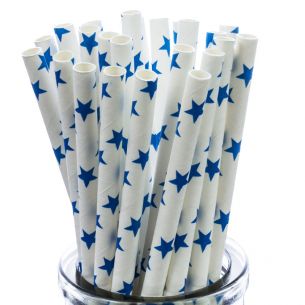 Blue Stars On White Paper Straws x25