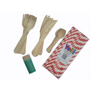 24 Piece wooden cutlery set, paper straws and coctail sticks